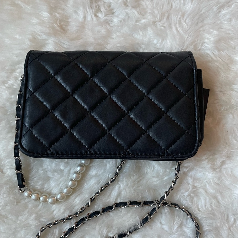 Badgley Mischka Black Quilted Crossbody with Pearl-Accent Chain - Picture 2 of 5